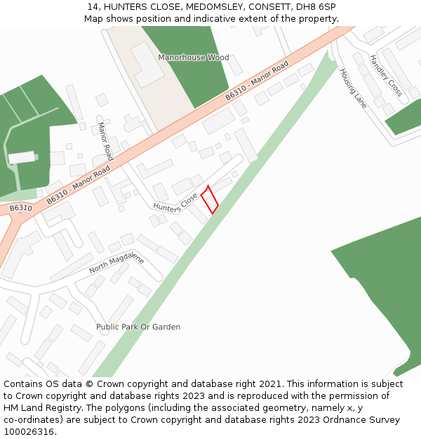 14, HUNTERS CLOSE, MEDOMSLEY, CONSETT, DH8 6SP: Location map and indicative extent of plot