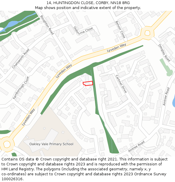 14, HUNTINGDON CLOSE, CORBY, NN18 8RG: Location map and indicative extent of plot