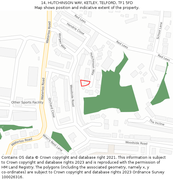 14, HUTCHINSON WAY, KETLEY, TELFORD, TF1 5FD: Location map and indicative extent of plot