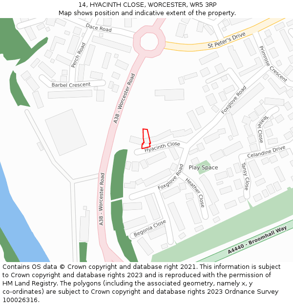 14, HYACINTH CLOSE, WORCESTER, WR5 3RP: Location map and indicative extent of plot