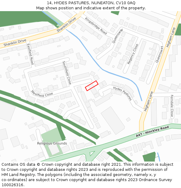 14, HYDES PASTURES, NUNEATON, CV10 0AQ: Location map and indicative extent of plot