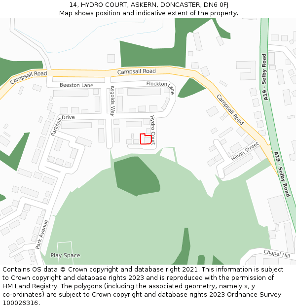 14, HYDRO COURT, ASKERN, DONCASTER, DN6 0FJ: Location map and indicative extent of plot