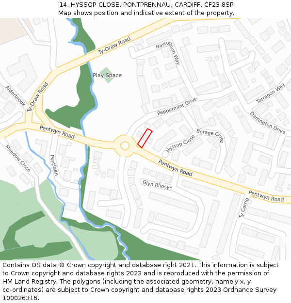 14, HYSSOP CLOSE, PONTPRENNAU, CARDIFF, CF23 8SP: Location map and indicative extent of plot