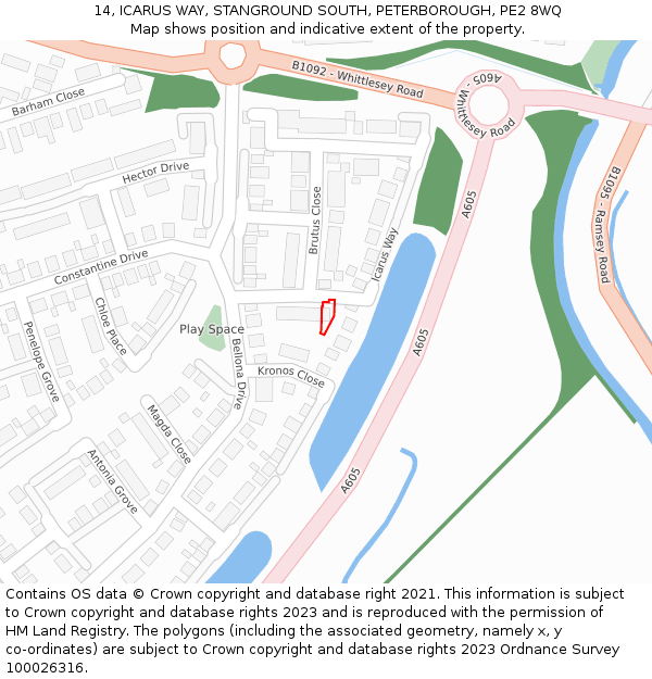 14, ICARUS WAY, STANGROUND SOUTH, PETERBOROUGH, PE2 8WQ: Location map and indicative extent of plot