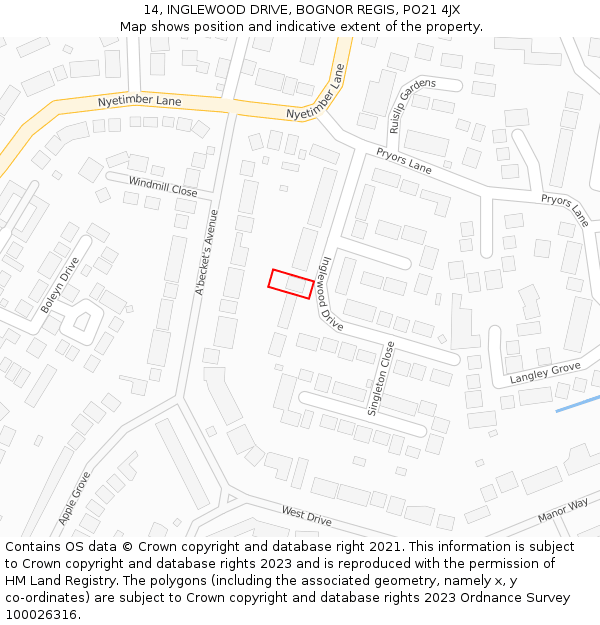 14, INGLEWOOD DRIVE, BOGNOR REGIS, PO21 4JX: Location map and indicative extent of plot