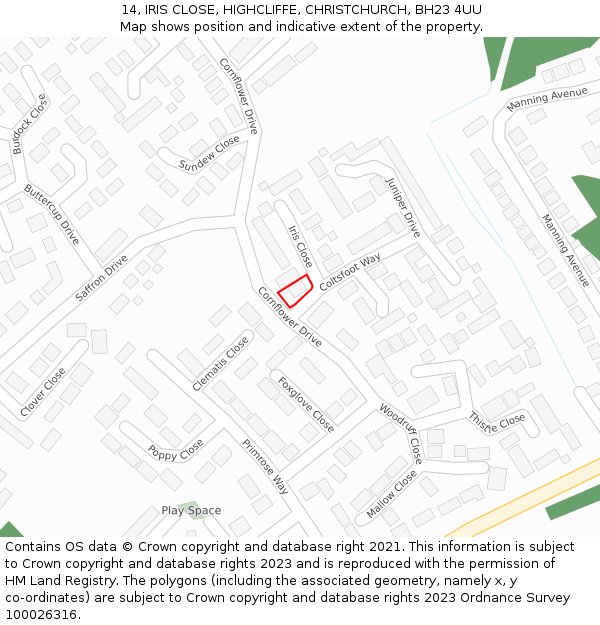 14, IRIS CLOSE, HIGHCLIFFE, CHRISTCHURCH, BH23 4UU: Location map and indicative extent of plot