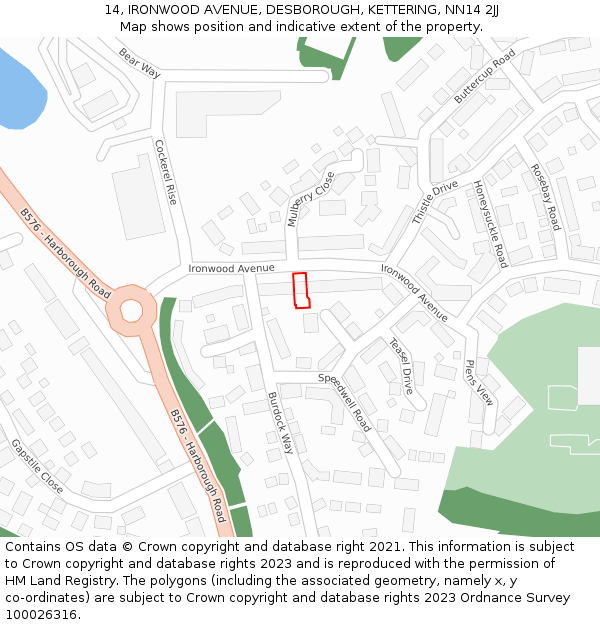 14, IRONWOOD AVENUE, DESBOROUGH, KETTERING, NN14 2JJ: Location map and indicative extent of plot