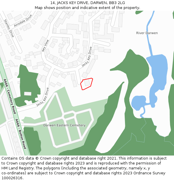 14, JACKS KEY DRIVE, DARWEN, BB3 2LG: Location map and indicative extent of plot