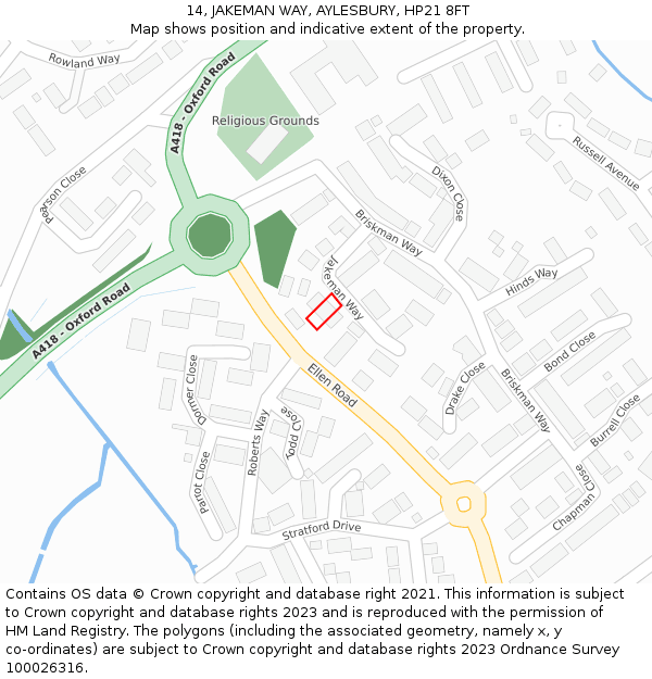 14, JAKEMAN WAY, AYLESBURY, HP21 8FT: Location map and indicative extent of plot