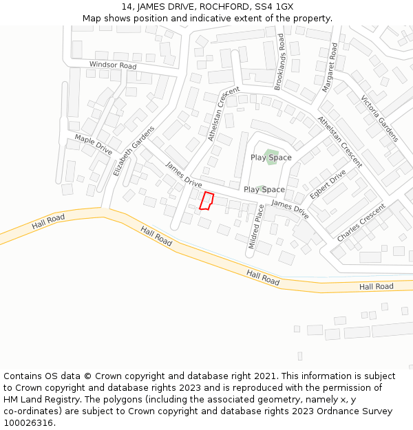 14, JAMES DRIVE, ROCHFORD, SS4 1GX: Location map and indicative extent of plot