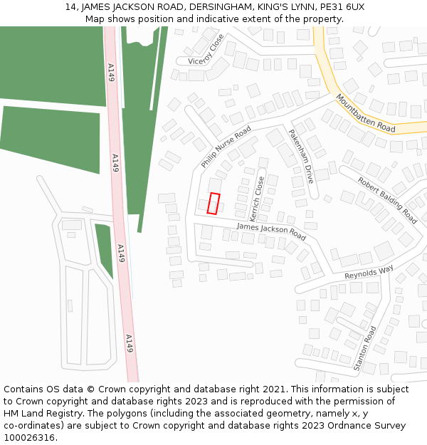 14, JAMES JACKSON ROAD, DERSINGHAM, KING'S LYNN, PE31 6UX: Location map and indicative extent of plot