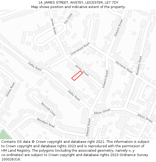 14, JAMES STREET, ANSTEY, LEICESTER, LE7 7DY: Location map and indicative extent of plot