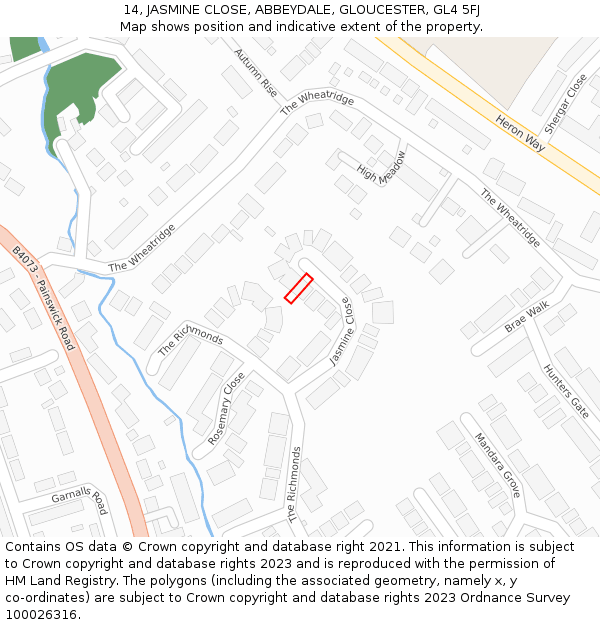 14, JASMINE CLOSE, ABBEYDALE, GLOUCESTER, GL4 5FJ: Location map and indicative extent of plot