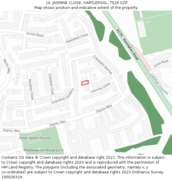 14, JASMINE CLOSE, HARTLEPOOL, TS26 0ZP: Location map and indicative extent of plot