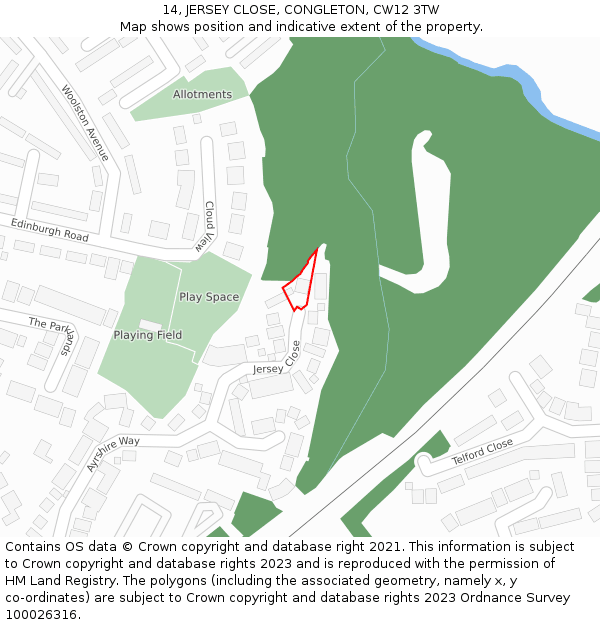 14, JERSEY CLOSE, CONGLETON, CW12 3TW: Location map and indicative extent of plot
