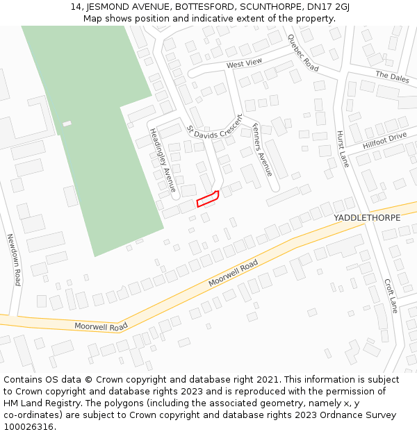 14, JESMOND AVENUE, BOTTESFORD, SCUNTHORPE, DN17 2GJ: Location map and indicative extent of plot