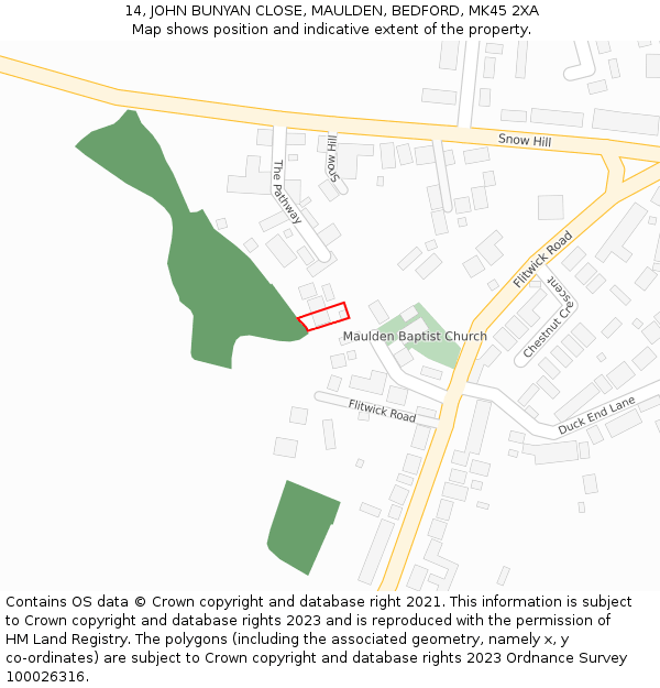 14, JOHN BUNYAN CLOSE, MAULDEN, BEDFORD, MK45 2XA: Location map and indicative extent of plot