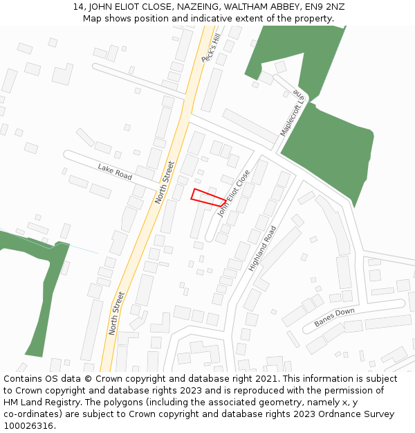 14, JOHN ELIOT CLOSE, NAZEING, WALTHAM ABBEY, EN9 2NZ: Location map and indicative extent of plot