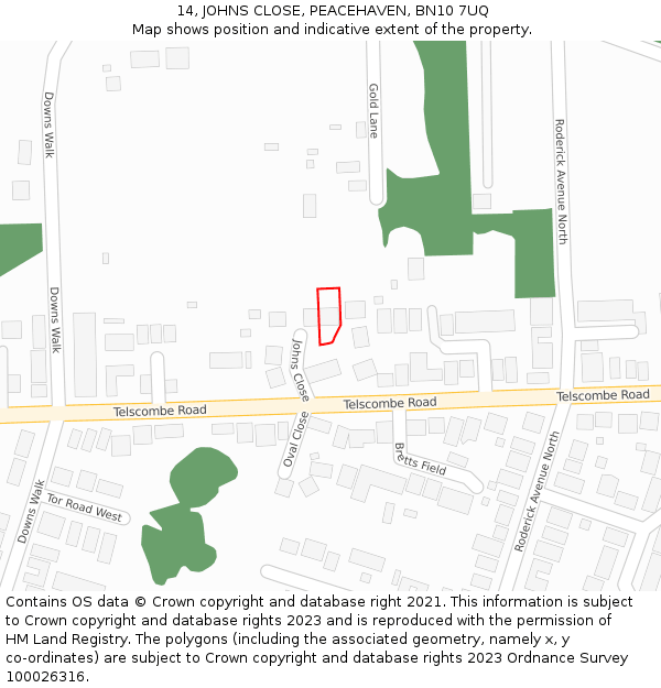 14, JOHNS CLOSE, PEACEHAVEN, BN10 7UQ: Location map and indicative extent of plot