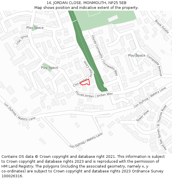 14, JORDAN CLOSE, MONMOUTH, NP25 5EB: Location map and indicative extent of plot