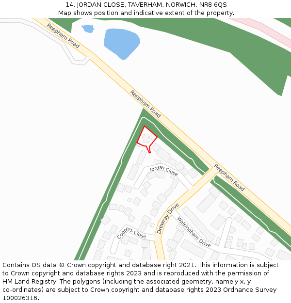 14, JORDAN CLOSE, TAVERHAM, NORWICH, NR8 6QS: Location map and indicative extent of plot