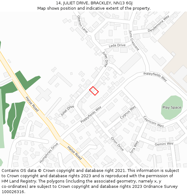 14, JULIET DRIVE, BRACKLEY, NN13 6GJ: Location map and indicative extent of plot