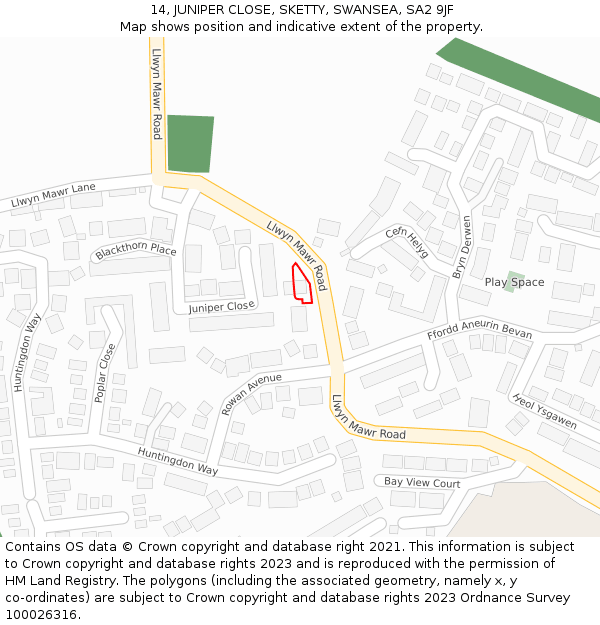 14, JUNIPER CLOSE, SKETTY, SWANSEA, SA2 9JF: Location map and indicative extent of plot