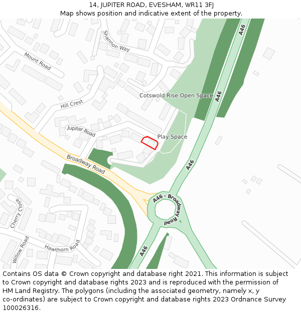 14, JUPITER ROAD, EVESHAM, WR11 3FJ: Location map and indicative extent of plot
