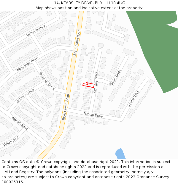 14, KEARSLEY DRIVE, RHYL, LL18 4UG: Location map and indicative extent of plot