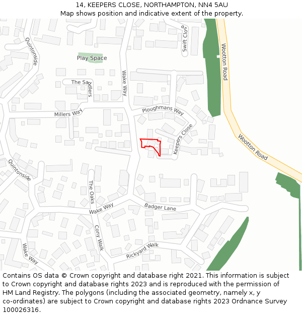 14, KEEPERS CLOSE, NORTHAMPTON, NN4 5AU: Location map and indicative extent of plot