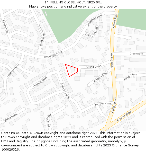 14, KELLING CLOSE, HOLT, NR25 6RU: Location map and indicative extent of plot