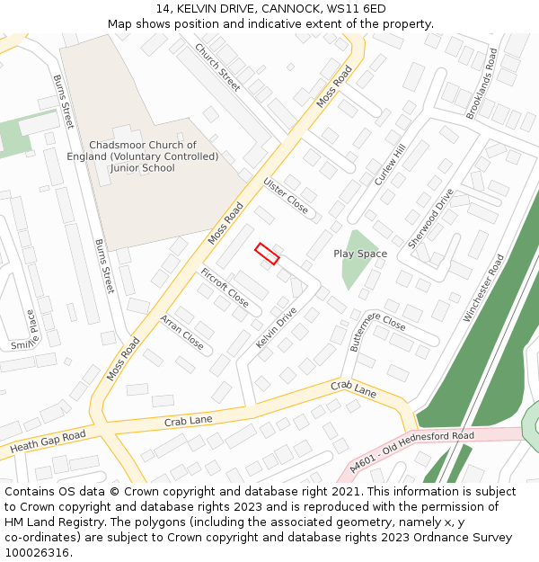 14, KELVIN DRIVE, CANNOCK, WS11 6ED: Location map and indicative extent of plot