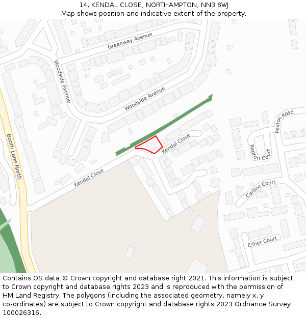 14, KENDAL CLOSE, NORTHAMPTON, NN3 6WJ: Location map and indicative extent of plot