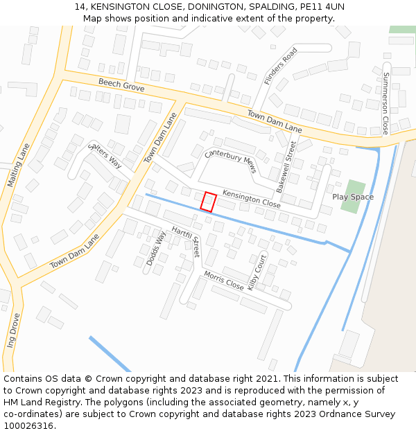 14, KENSINGTON CLOSE, DONINGTON, SPALDING, PE11 4UN: Location map and indicative extent of plot