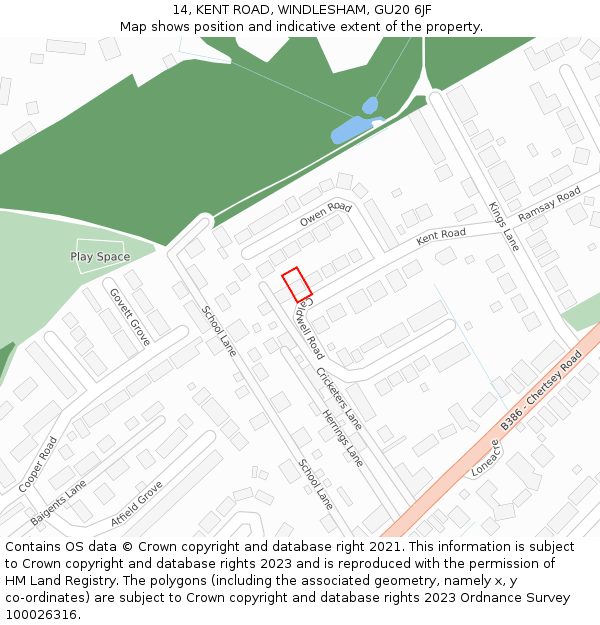 14, KENT ROAD, WINDLESHAM, GU20 6JF: Location map and indicative extent of plot