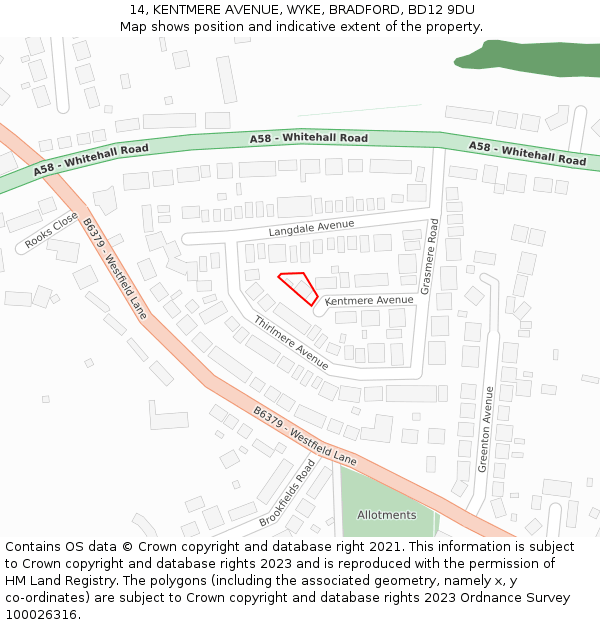 14, KENTMERE AVENUE, WYKE, BRADFORD, BD12 9DU: Location map and indicative extent of plot