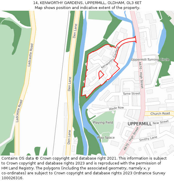14, KENWORTHY GARDENS, UPPERMILL, OLDHAM, OL3 6ET: Location map and indicative extent of plot