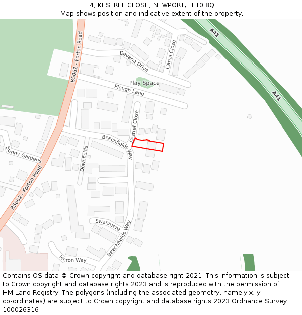 14, KESTREL CLOSE, NEWPORT, TF10 8QE: Location map and indicative extent of plot