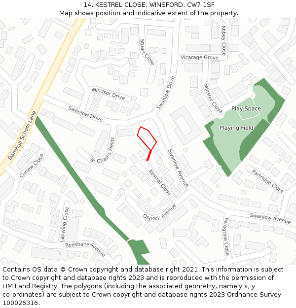 14, KESTREL CLOSE, WINSFORD, CW7 1SF: Location map and indicative extent of plot