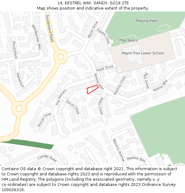 14, KESTREL WAY, SANDY, SG19 2TE: Location map and indicative extent of plot