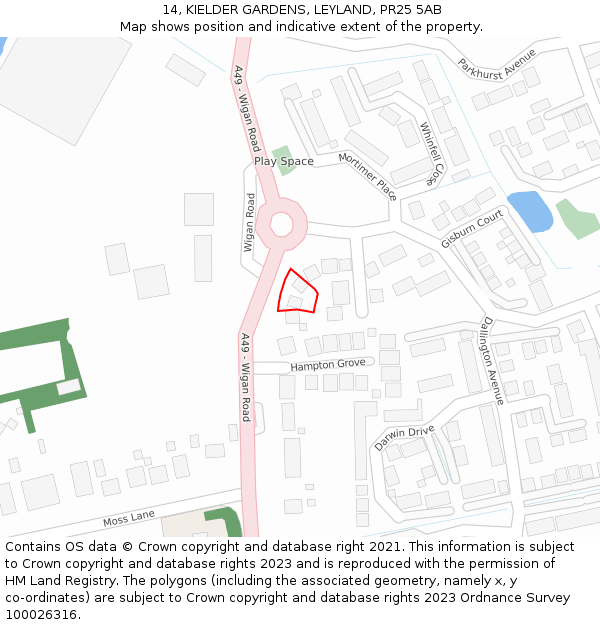 14, KIELDER GARDENS, LEYLAND, PR25 5AB: Location map and indicative extent of plot