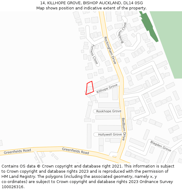 14, KILLHOPE GROVE, BISHOP AUCKLAND, DL14 0SG: Location map and indicative extent of plot