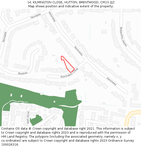 14, KILMINGTON CLOSE, HUTTON, BRENTWOOD, CM13 2JZ: Location map and indicative extent of plot