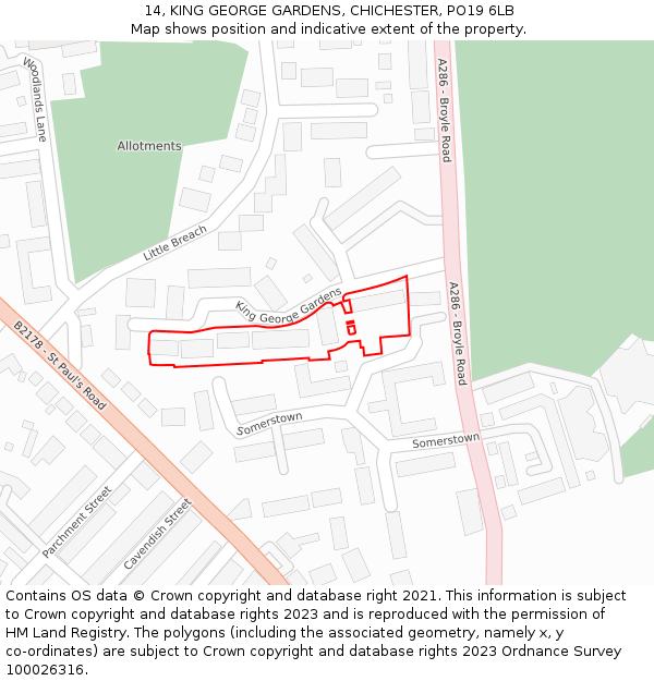 14, KING GEORGE GARDENS, CHICHESTER, PO19 6LB: Location map and indicative extent of plot