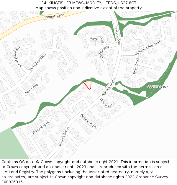 14, KINGFISHER MEWS, MORLEY, LEEDS, LS27 8GT: Location map and indicative extent of plot