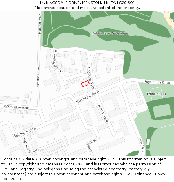 14, KINGSDALE DRIVE, MENSTON, ILKLEY, LS29 6QN: Location map and indicative extent of plot