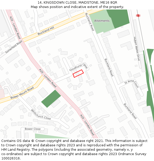 14, KINGSDOWN CLOSE, MAIDSTONE, ME16 8QR: Location map and indicative extent of plot