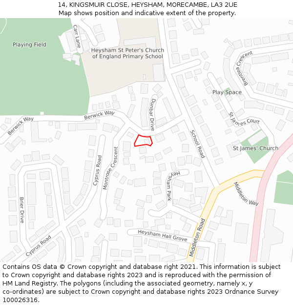 14, KINGSMUIR CLOSE, HEYSHAM, MORECAMBE, LA3 2UE: Location map and indicative extent of plot