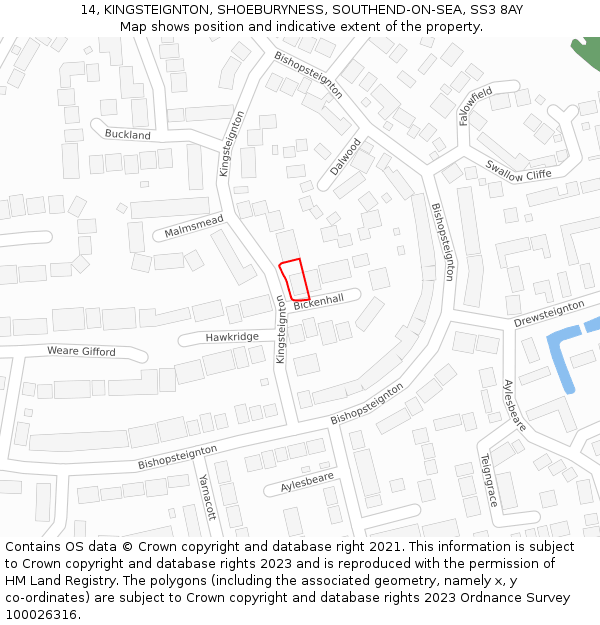 14, KINGSTEIGNTON, SHOEBURYNESS, SOUTHEND-ON-SEA, SS3 8AY: Location map and indicative extent of plot