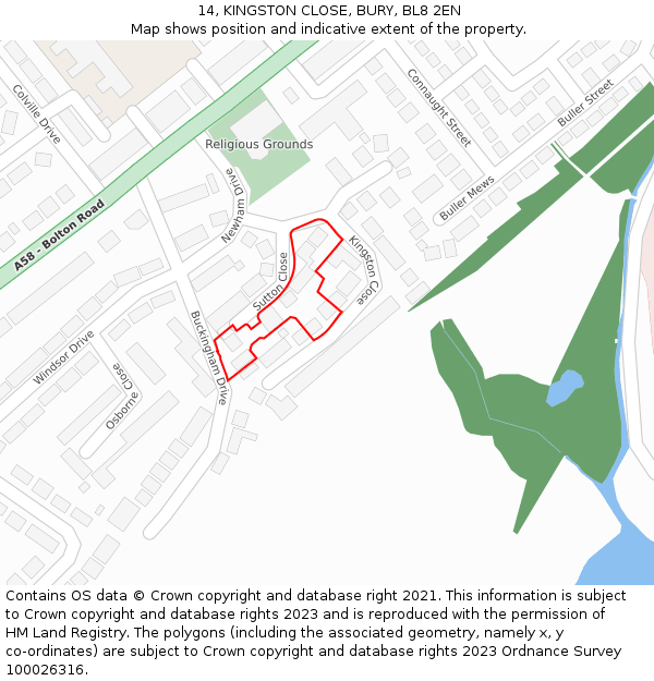 14, KINGSTON CLOSE, BURY, BL8 2EN: Location map and indicative extent of plot